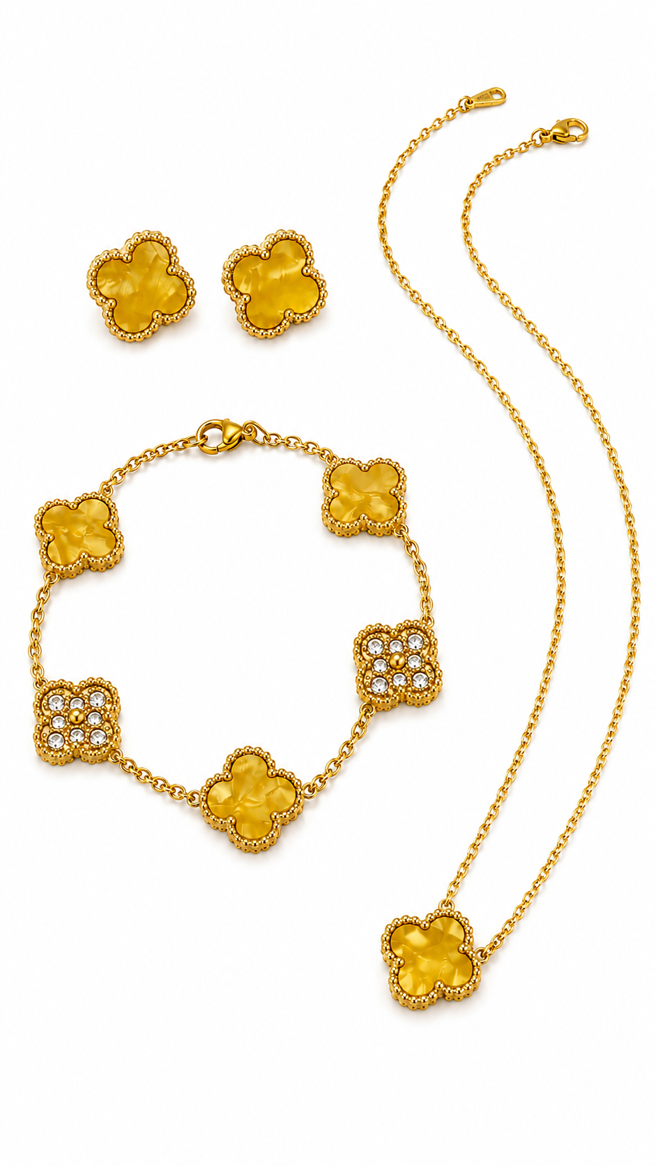 Honey Yellow & Gold Clover Stainless Steel Jewelry Set: Necklace, Earrings, Bracelet