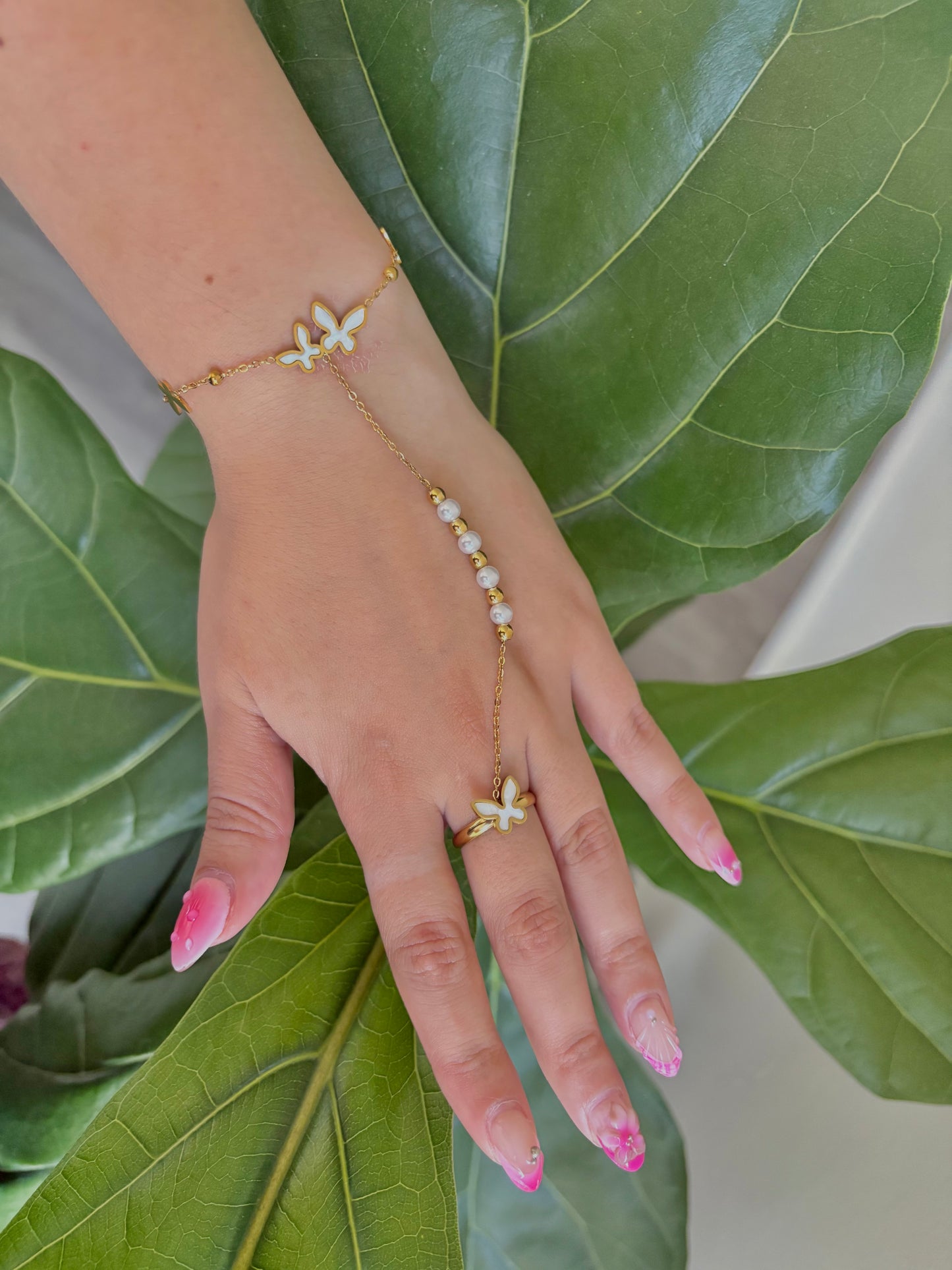 Gold Butterfly Pearl Stainless Steel Hand Chain Bracelet with Adjustable Ring