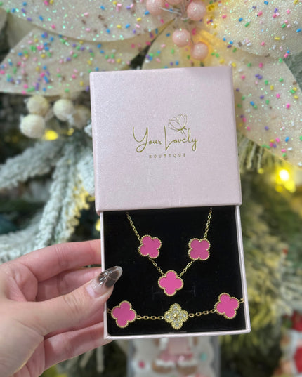 Magenta & Gold Clover Stainless Steel Jewelry Set: Necklace, Earrings, Bracelet