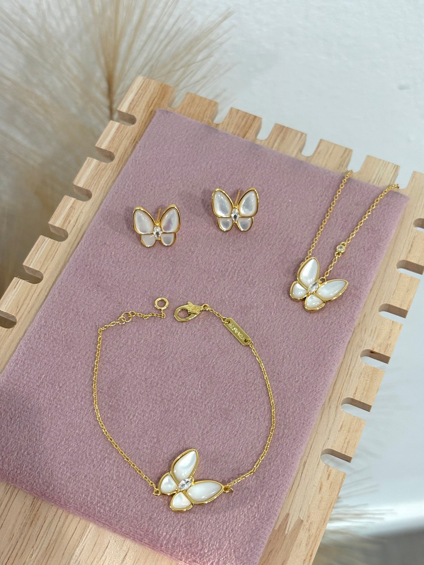 The Mother of Pearl Butterfly Rhinestone Set: Necklace, Bracelet, Earrings