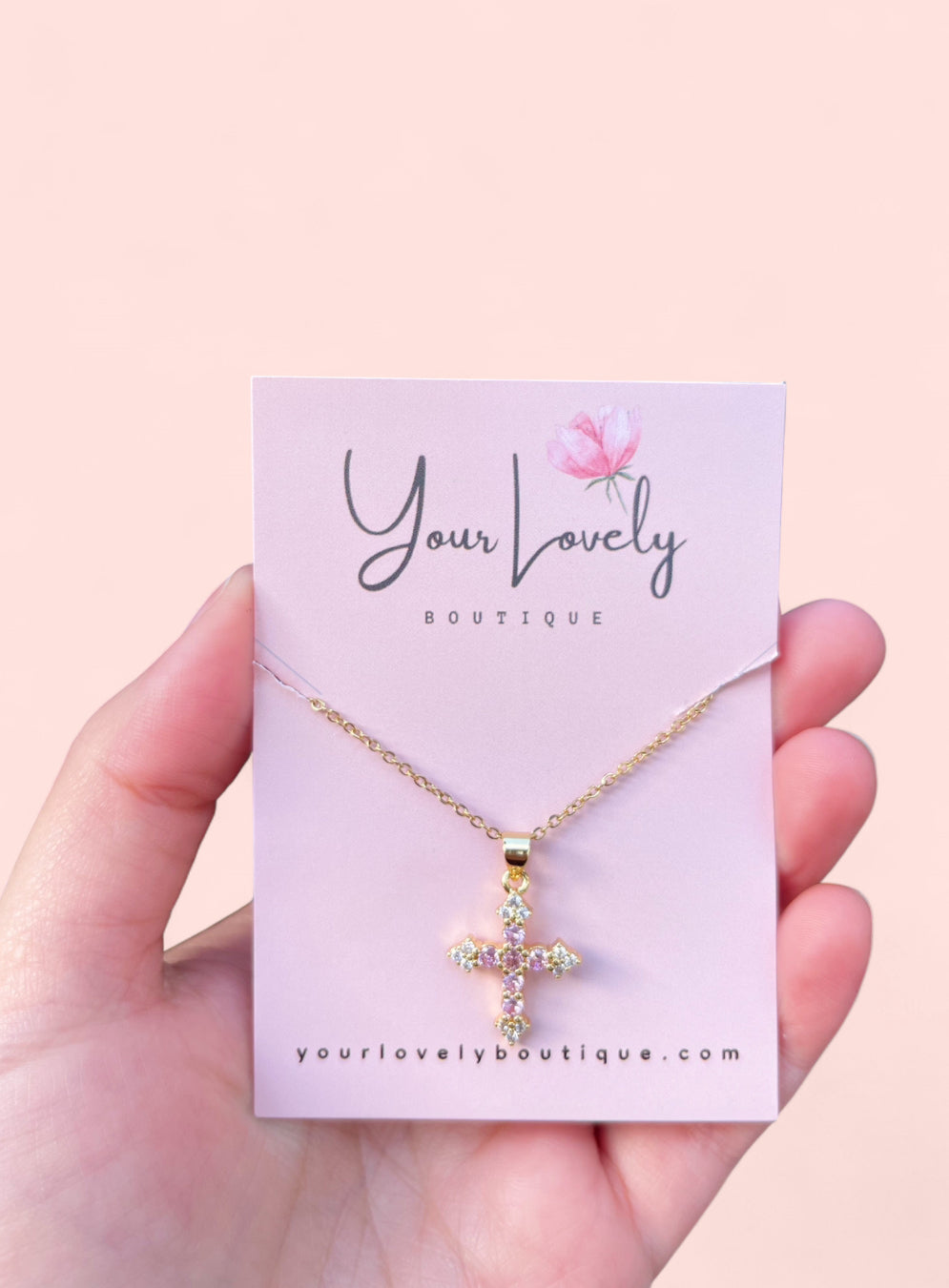 Pink Cross Rhinestone Necklace Gold Stainless Steel