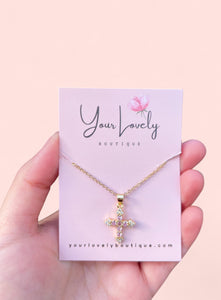Pink Cross Rhinestone Necklace Gold Stainless Steel