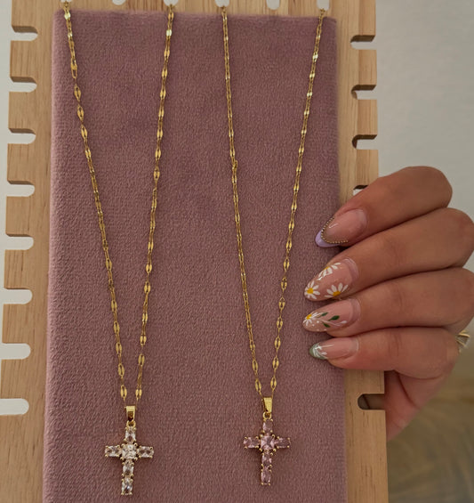 Gold Cross Zirconia Stainless Steel (Pink, White)