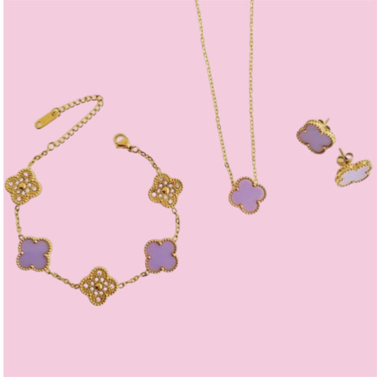 Lilac Gold Rhinestones Clover Stainless Steel Jewelry Set: Necklace, Earrings, Bracelet