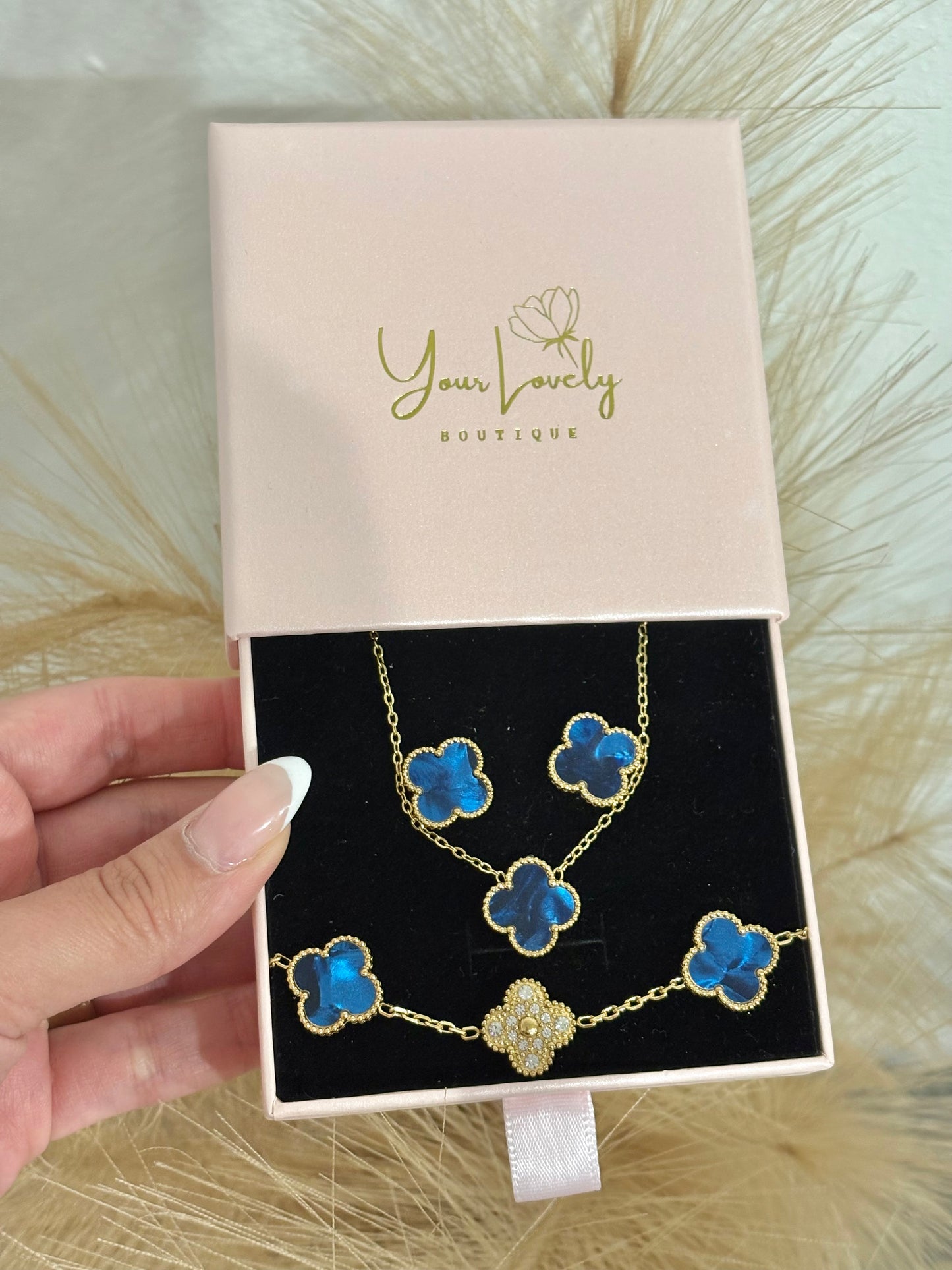 Blue & Gold Clover Stainless Steel Jewelry Set: Necklace, Earrings, Bracelet