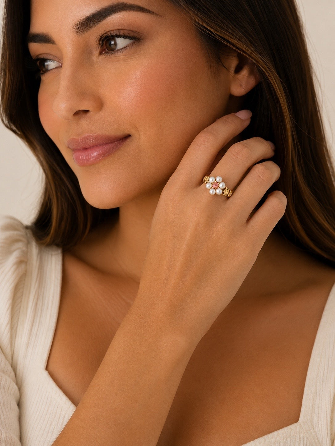 Dahlia Pearl & Crystal Cluster Ring