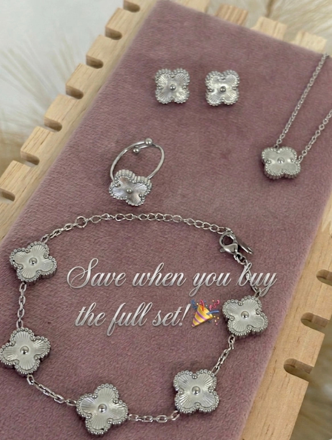 Silver Clover Stainless Steel Jewelry Set: Necklace, Earrings, Bracelet, Ring