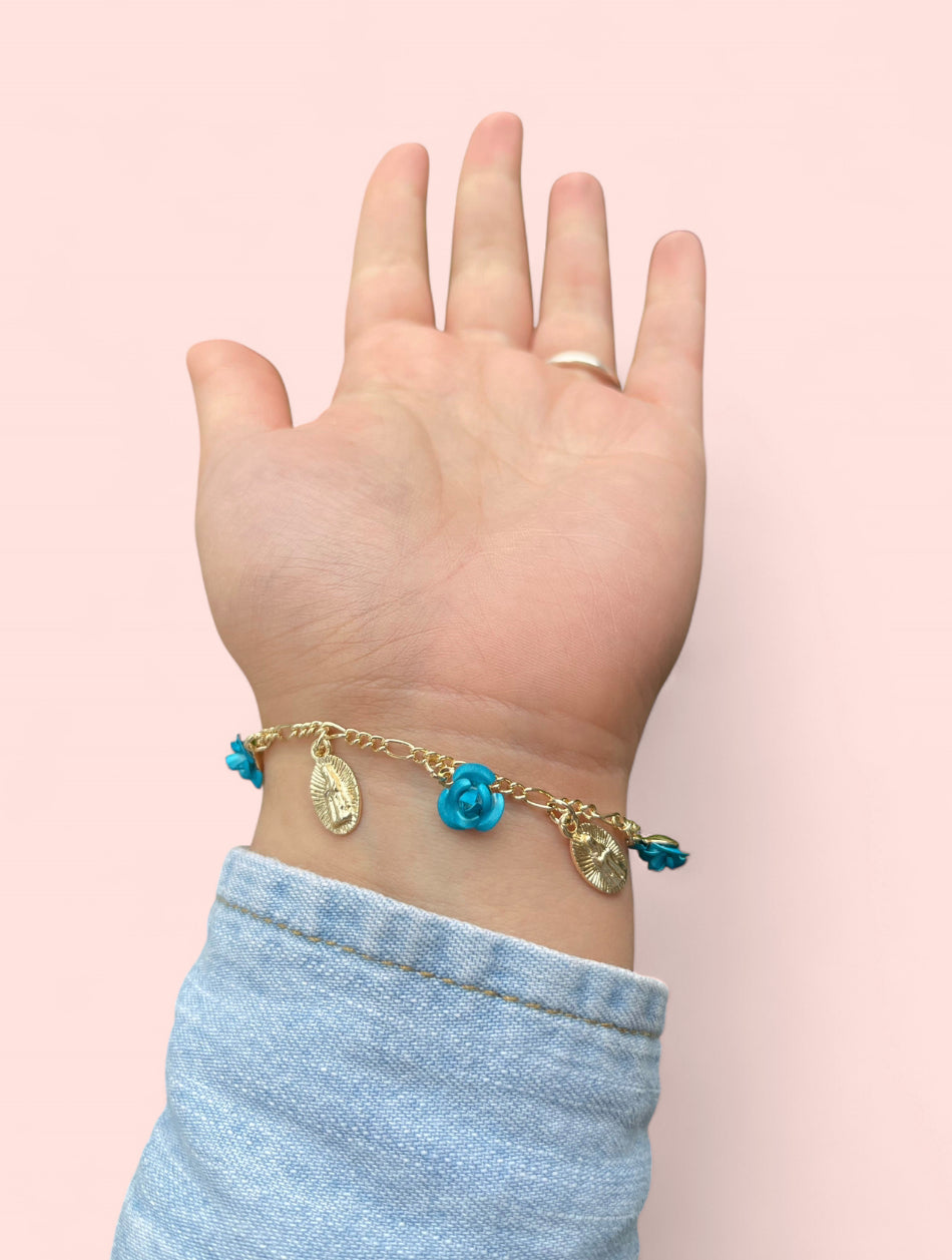 Virgencita Ocean Blue Roses Gold Plated Bracelet