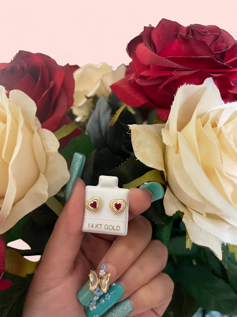 14k Gold Red Heart Earrings