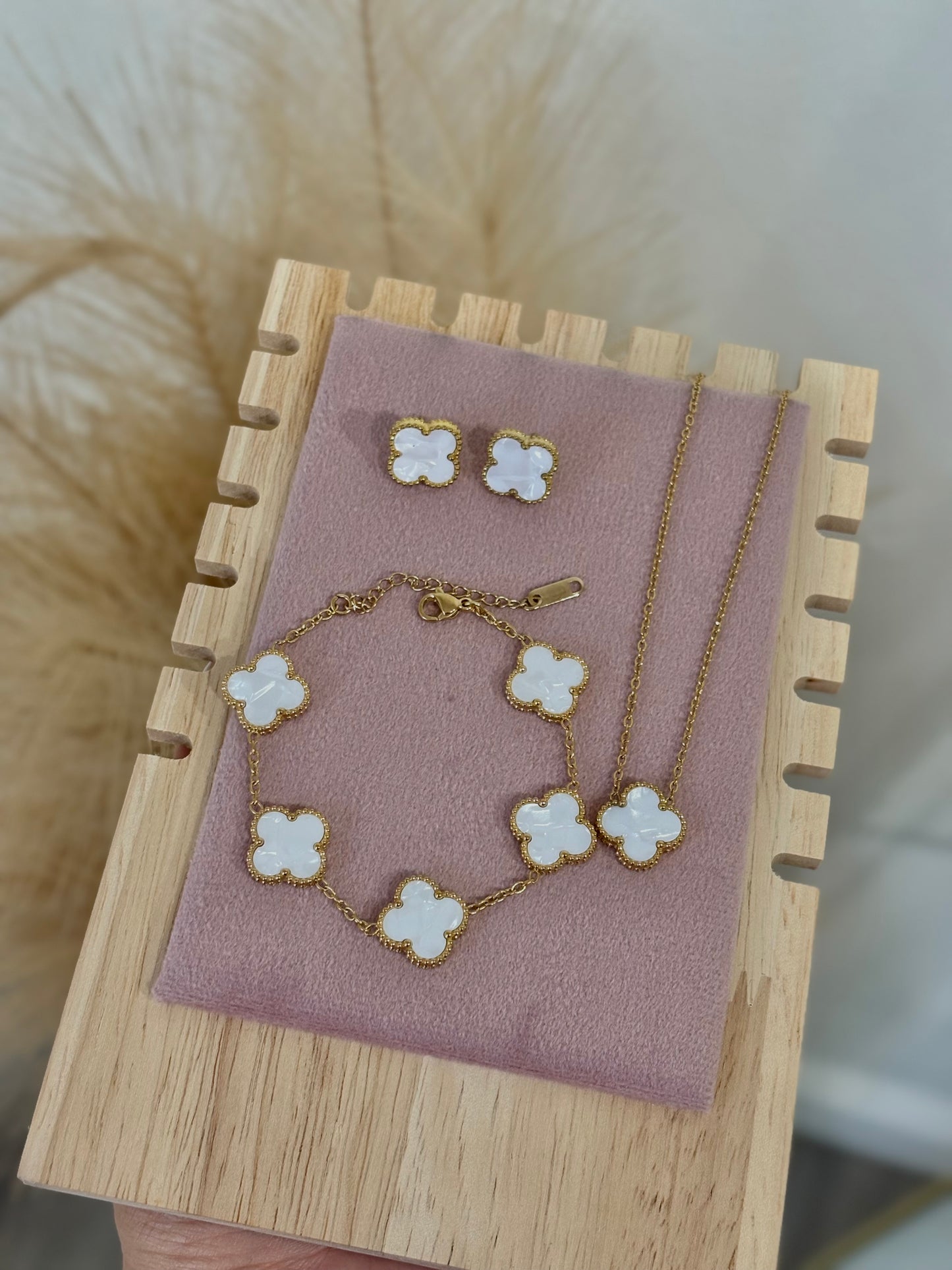Mother Of Pearl White Clover Stainless Steel Jewelry Set: Necklace, Earrings, Bracelet