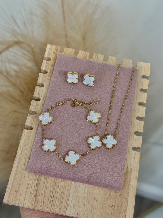 Mother Of Pearl White Clover Stainless Steel Jewelry Set: Necklace, Earrings, Bracelet
