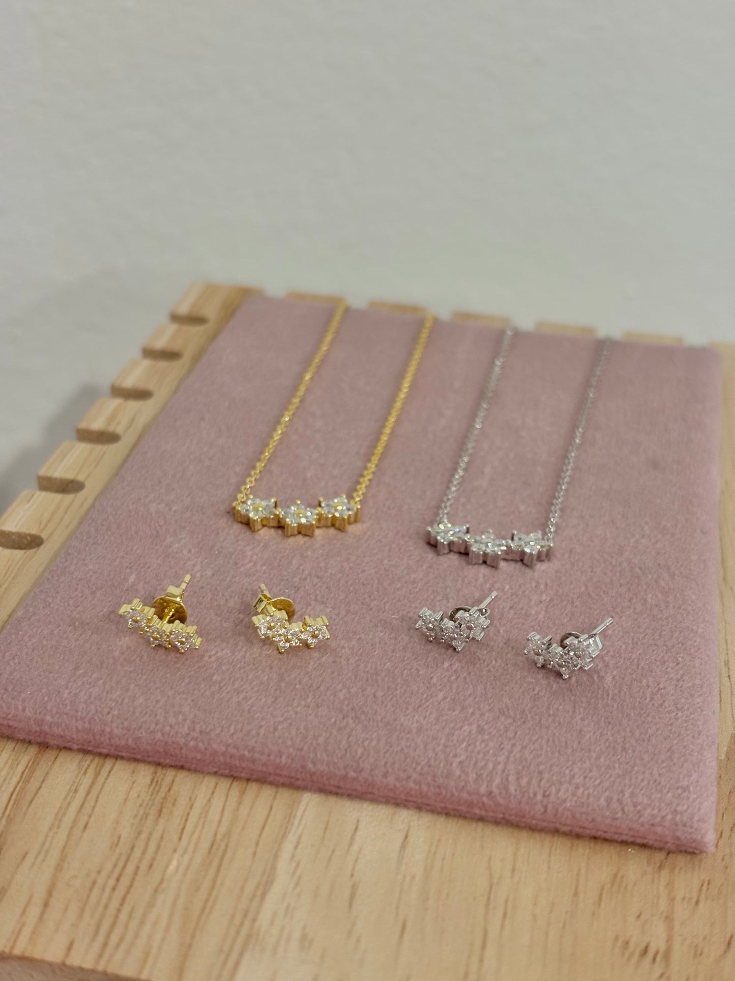 Triple Flower Moissanite Necklace and Bar Earring Set 14K Gold Filled (GRA Certified)