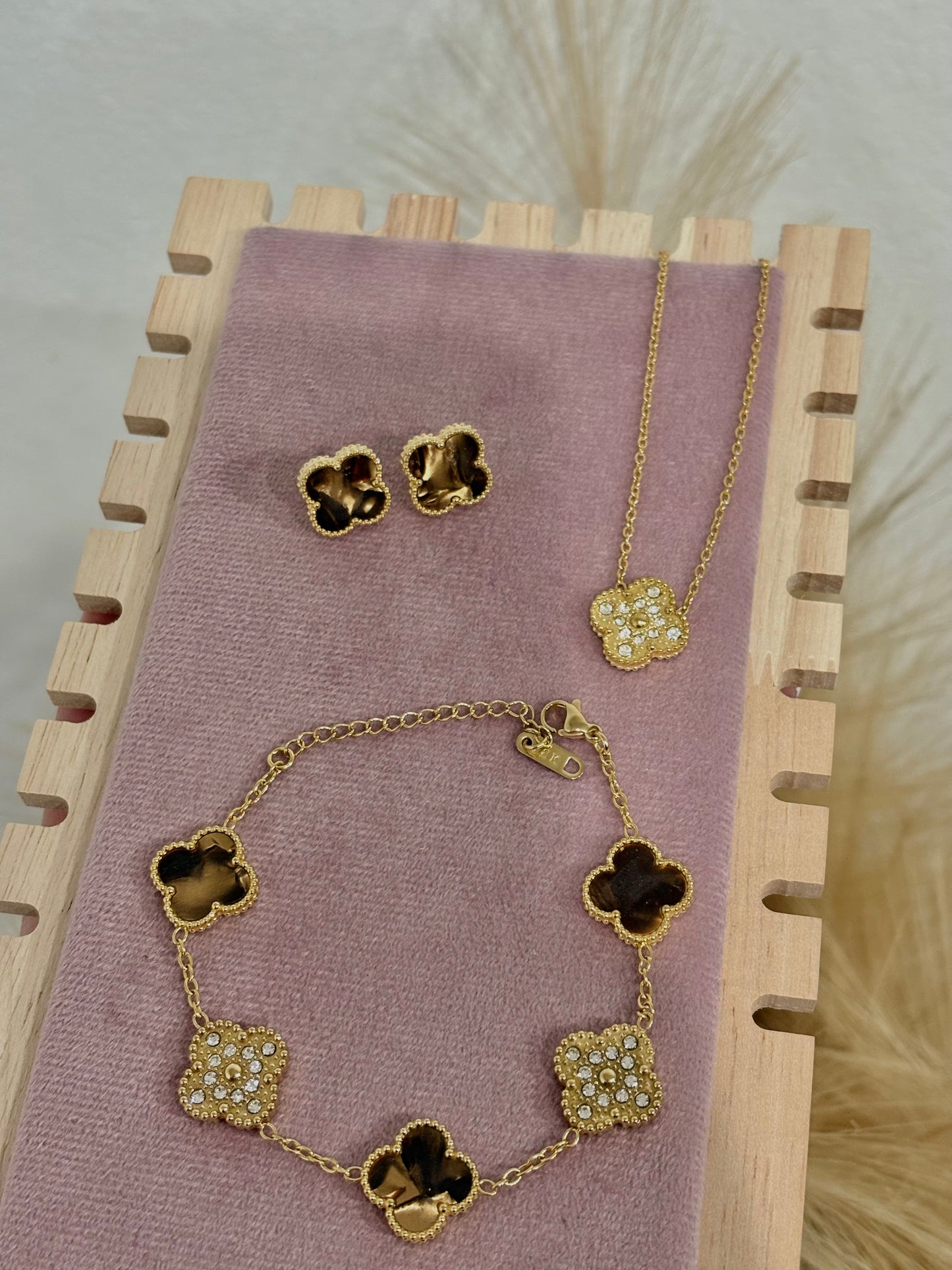 Brown Enamel & Gold Zirconia Clover Stainless Steel Jewelry Set: Necklace, Earrings, Bracelet