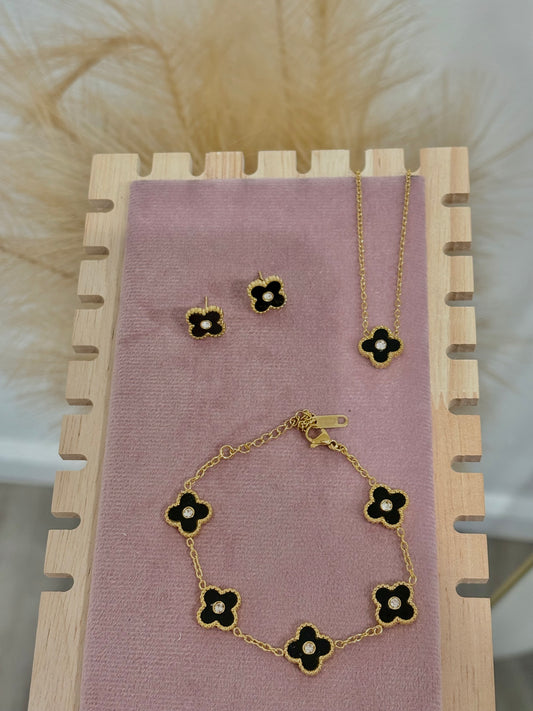 Black Mini Clover Rhinestone Center Stainless Steel Jewelry Set: Necklace, Earrings, Bracelet