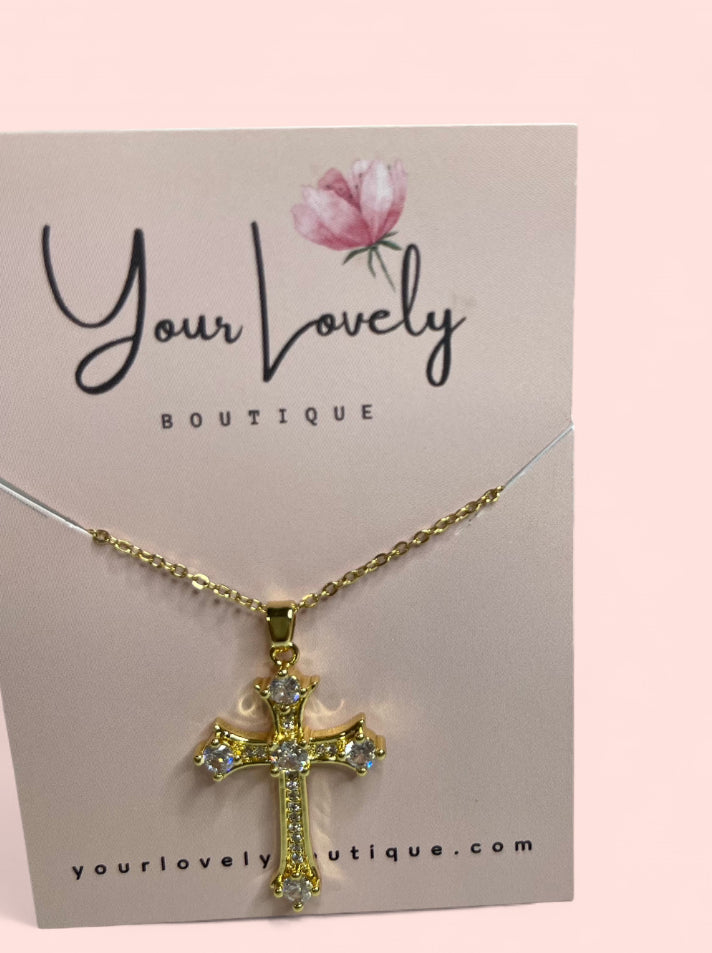 Crystal Cross Gold Stainless Steel Necklace