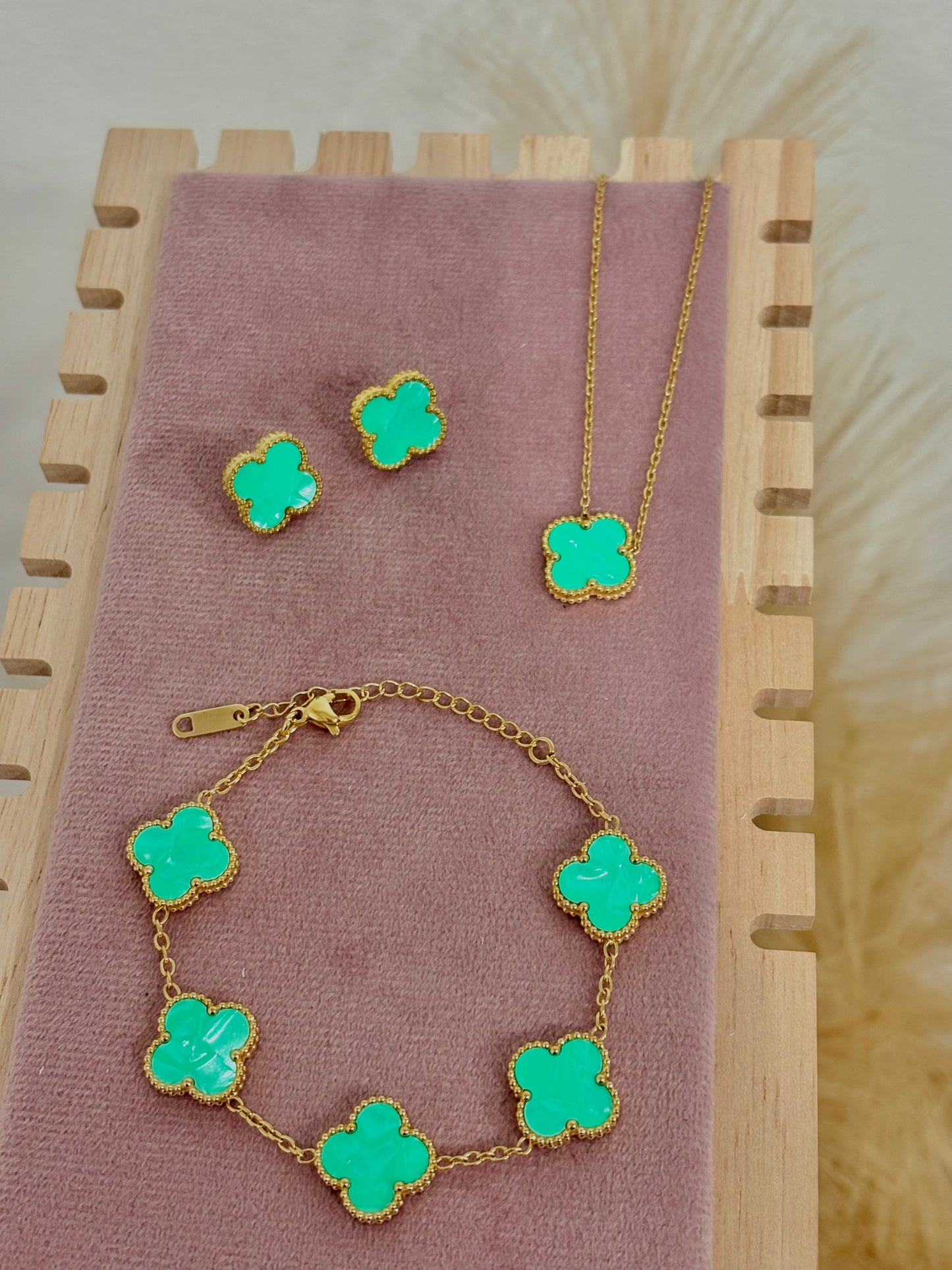 Mint Green Clover Stainless Steel Jewelry Set: Necklace, Earrings, Bracelet
