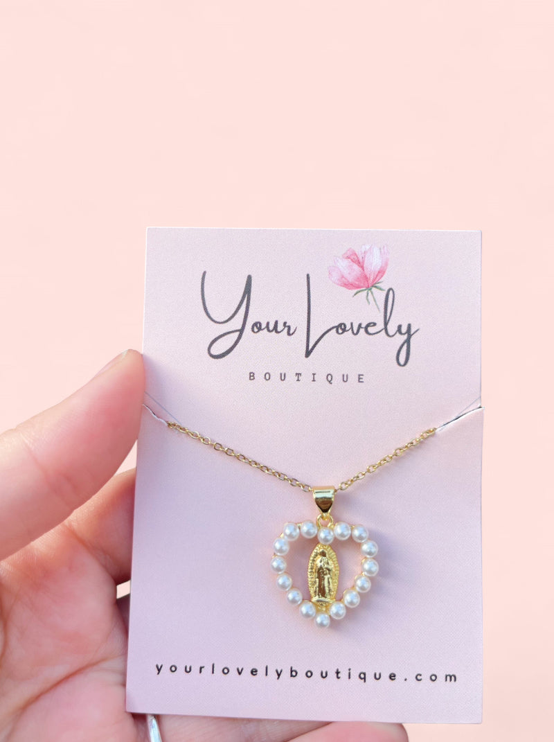 Pearl Virgencita Corazon Gold Plated Stainless Steel Necklace