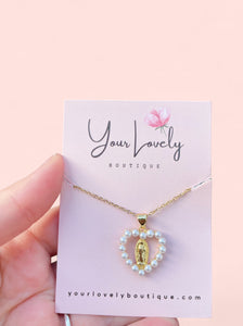 Pearl Virgencita Corazon Gold Plated Stainless Steel Necklace