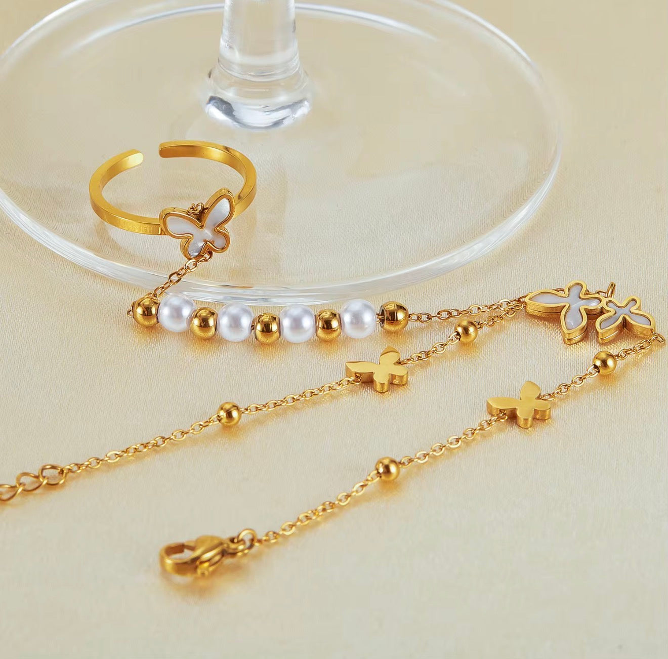 Gold Butterfly Pearl Stainless Steel Hand Chain Bracelet with Adjustable Ring