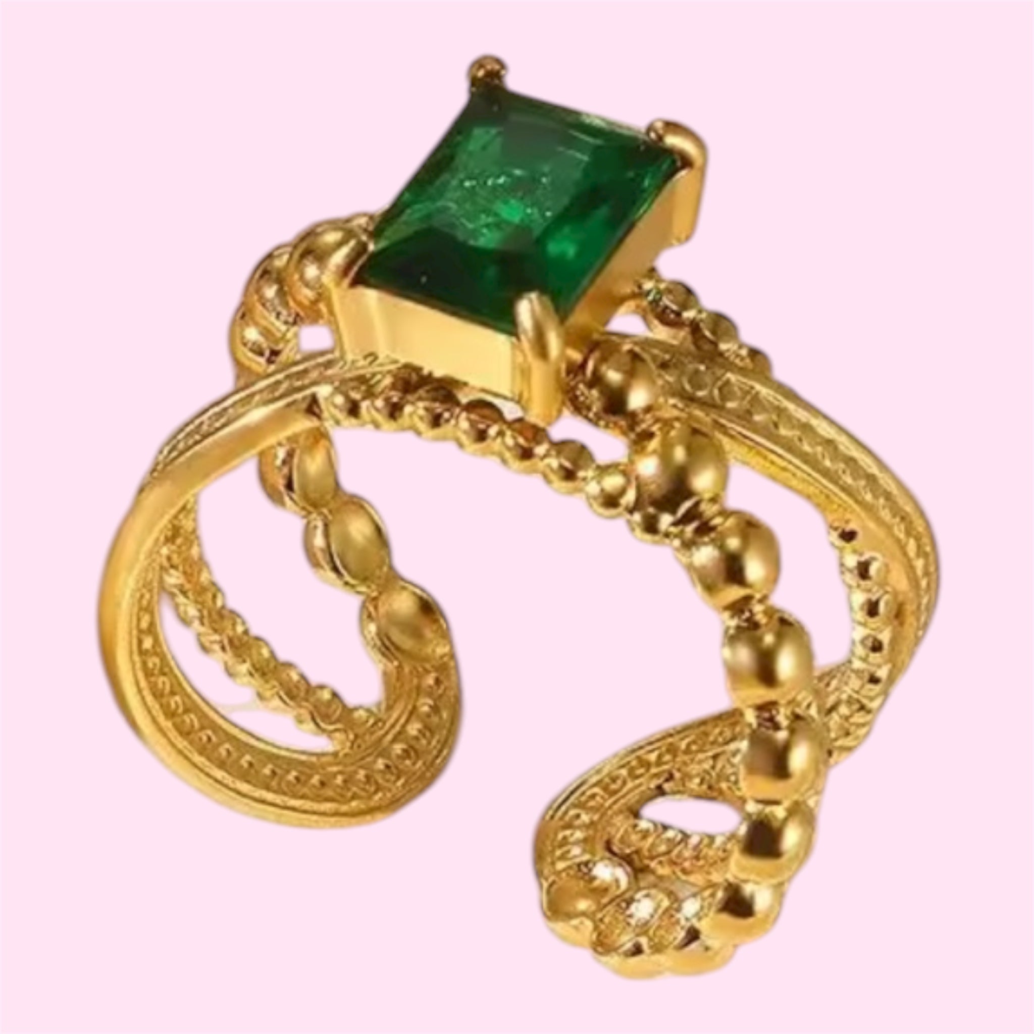 Beaded Zircon Adjustable Stainless Steel Ring: Emerald Green and Crystal White