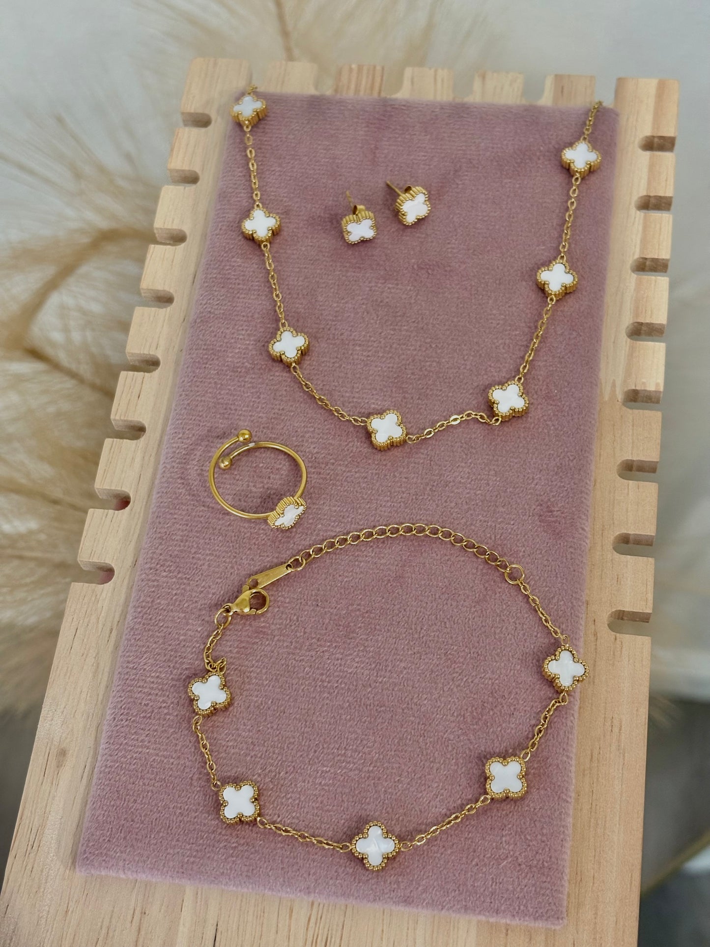 Mother Of Pearl White Baby Clover Stainless Steel Jewelry Set: Necklace, Earrings, Bracelet, Ring