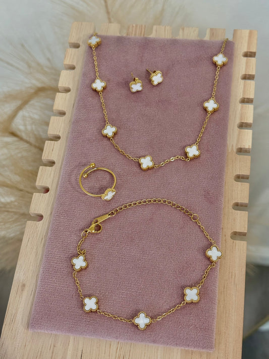 Mother Of Pearl White Baby Clover Stainless Steel Jewelry Set: Necklace, Earrings, Bracelet, Ring