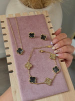 Load image into Gallery viewer, Marble Black and Gold Clover Stainless Steel Jewelry Set: Necklace, Earrings, Bracelet
