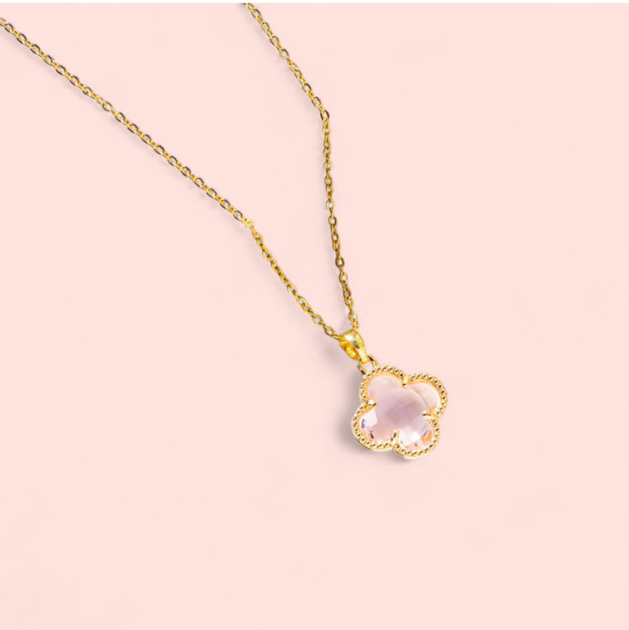 Crystal Flor Stainless Steel Necklaces: Black, Purple, Green, Red, Pink