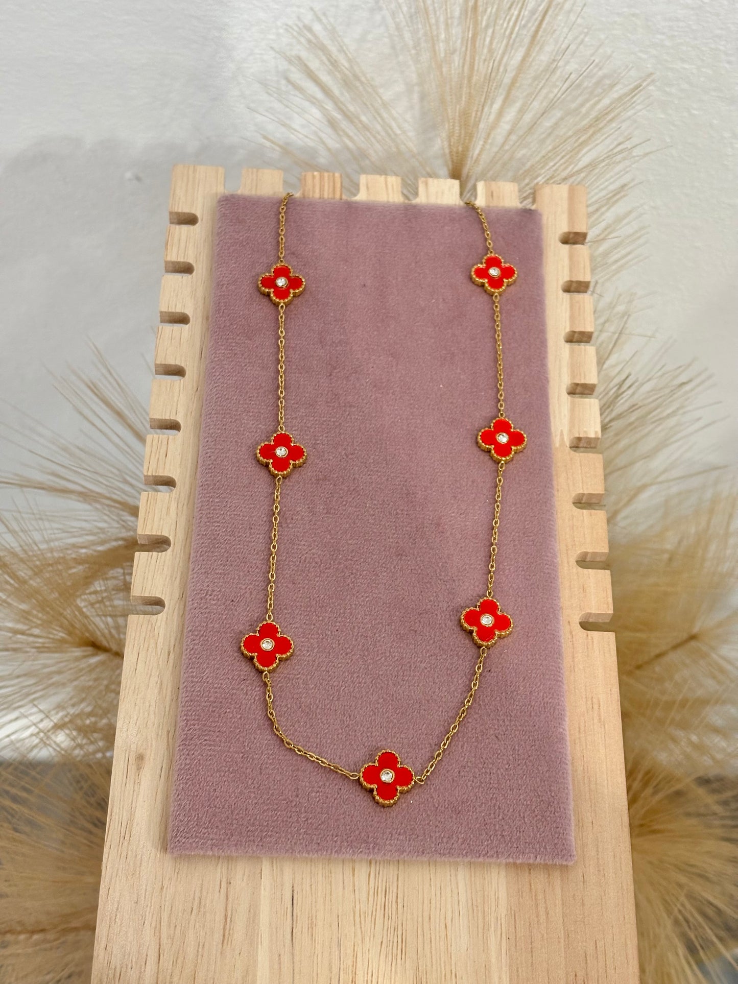 Red Mini 7 Clover Rhinestone Center Stainless Steel Necklace