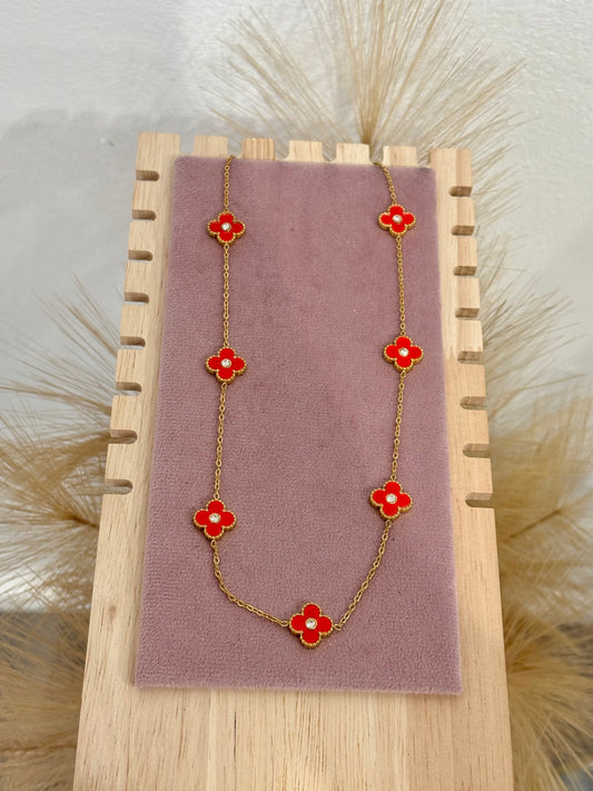 Red Mini 7 Clover Rhinestone Center Stainless Steel Necklace