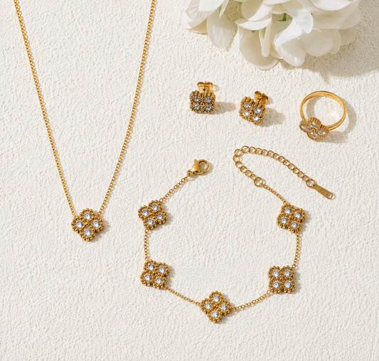 Gold Clover Rhinestones Clover Jewelry Set: Necklace, Earrings, and Bracelet