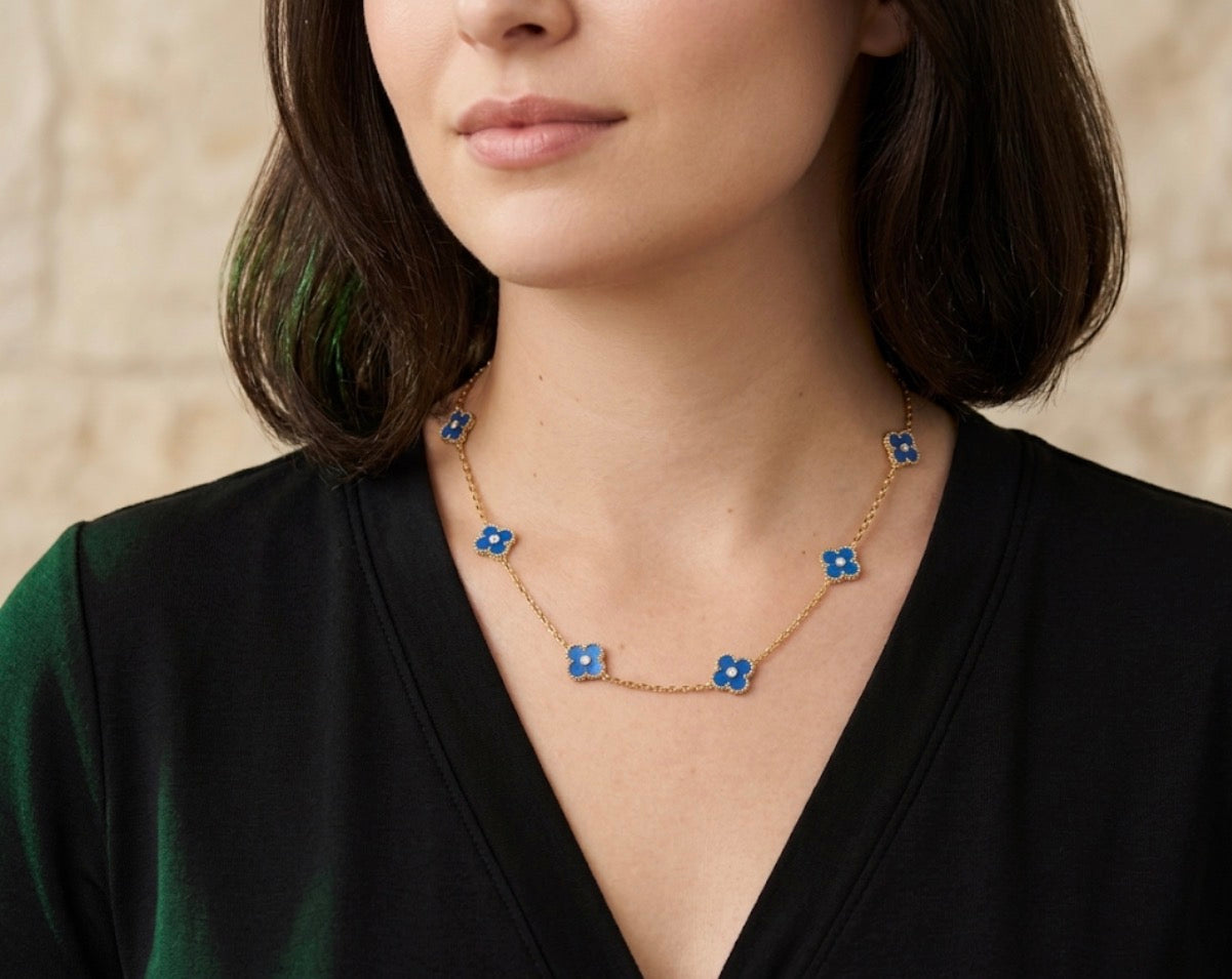 Blue Mini 7 Clover Rhinestone Center Stainless Steel Necklace