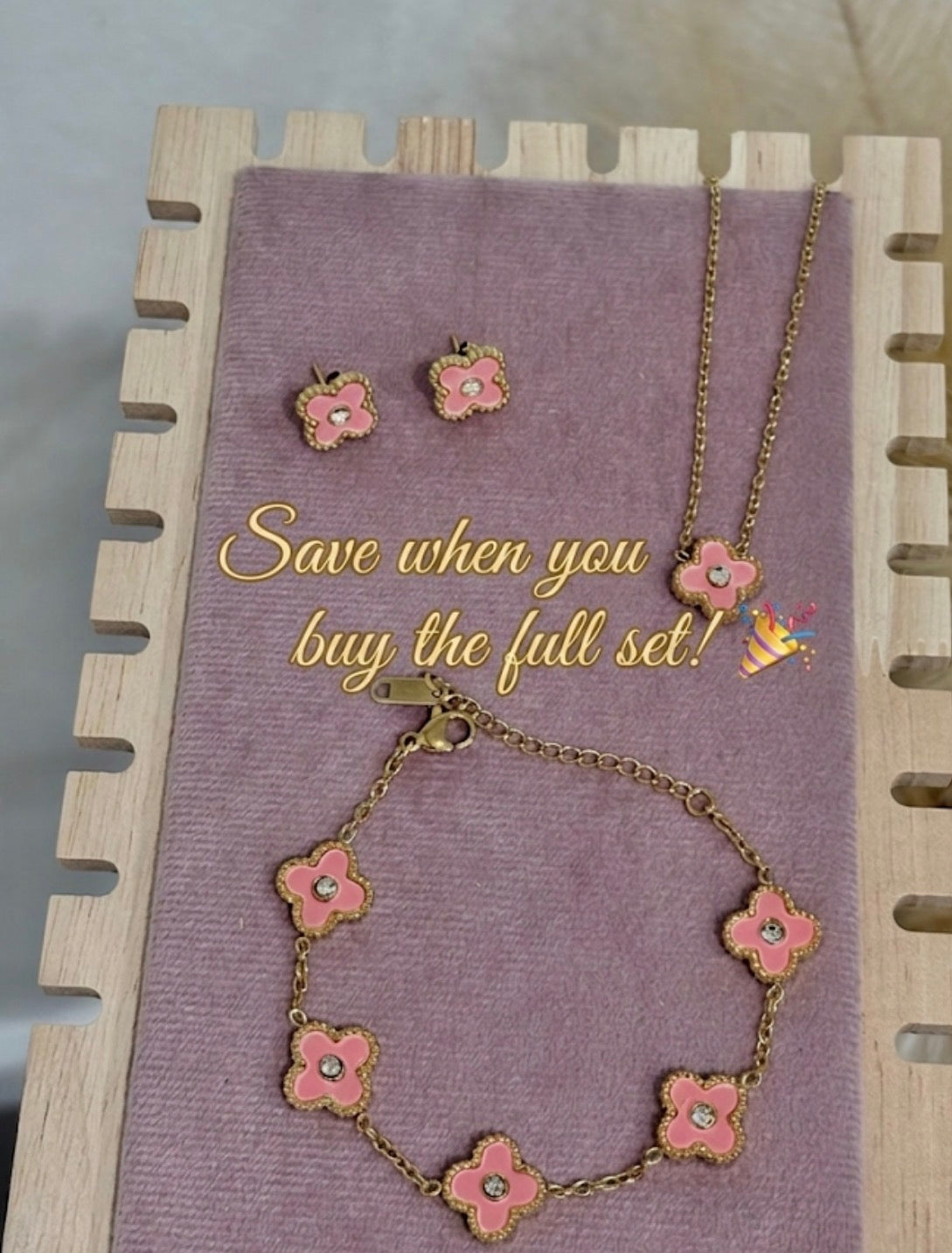 Pink Mini Clover Rhinestone Center Stainless Steel Jewelry Set: Necklace, Earrings, Bracelet