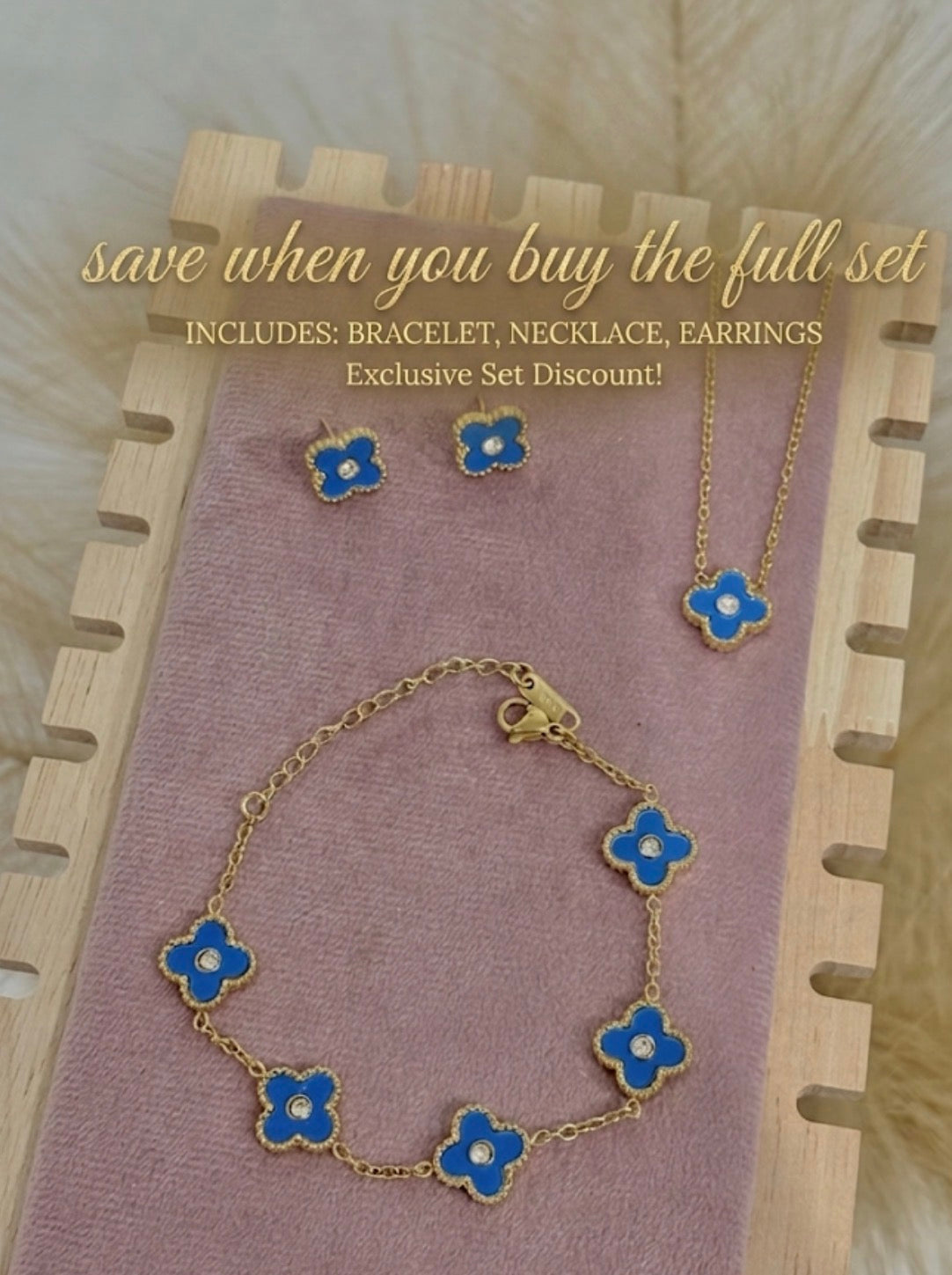 Blue Mini Clover Rhinestone Center Stainless Steel Jewelry Set: Necklace, Earrings, Bracelet