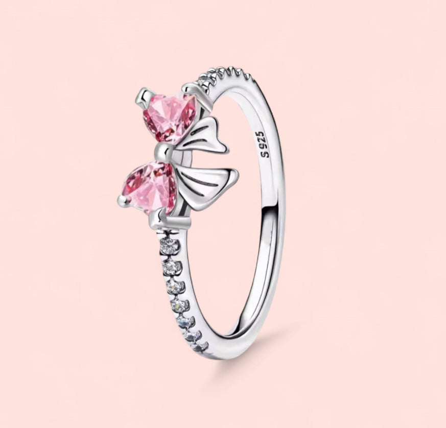 Sparkling Pink Bow Sterling Silver 925 Ring