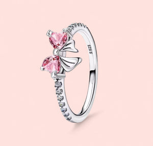 Sparkling Pink Bow Sterling Silver 925 Ring