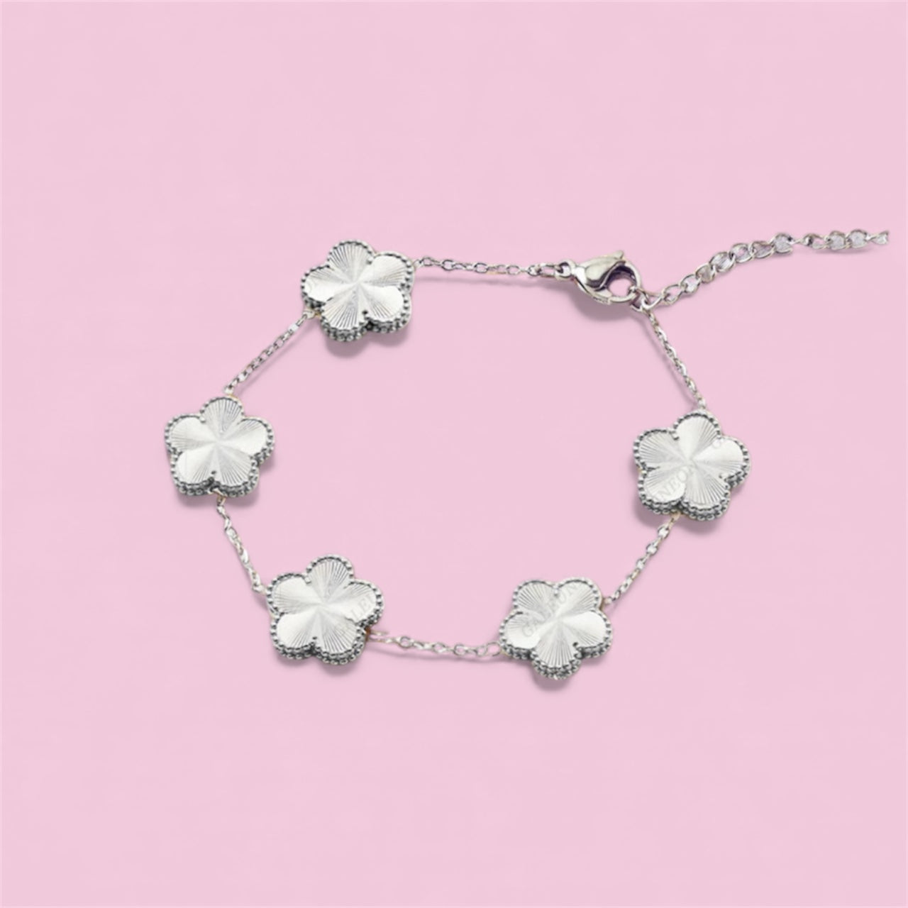 Silver Four Leaf Flower:  Bracelet and Earrings Stainless Steel