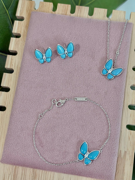 The Turquoise Silver Butterfly Rhinestone Set: Necklace, Bracelet, Earrings