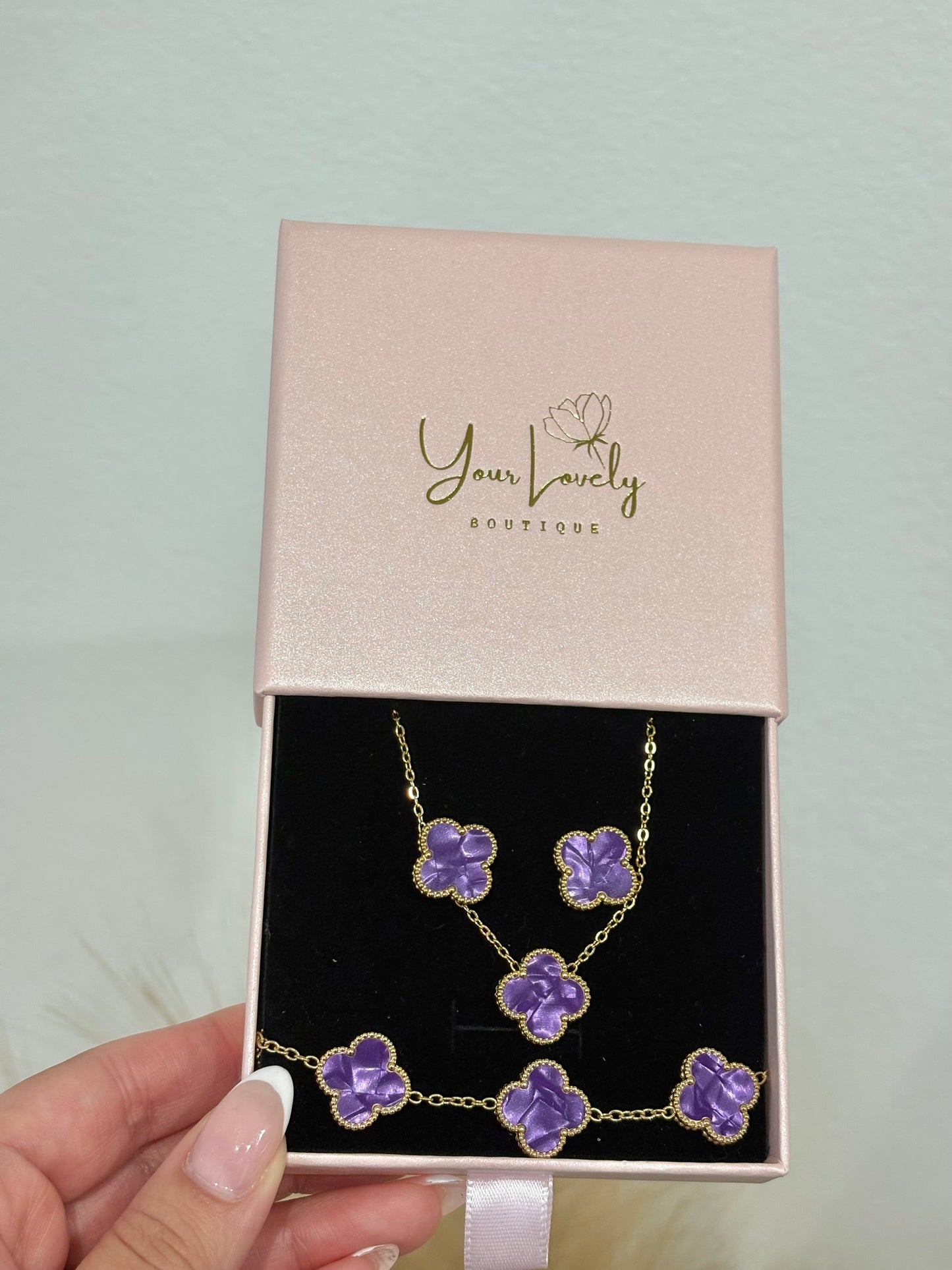 Purple Enamel Clover Stainless Steel Jewelry Set: Necklace, Earrings, Bracelet