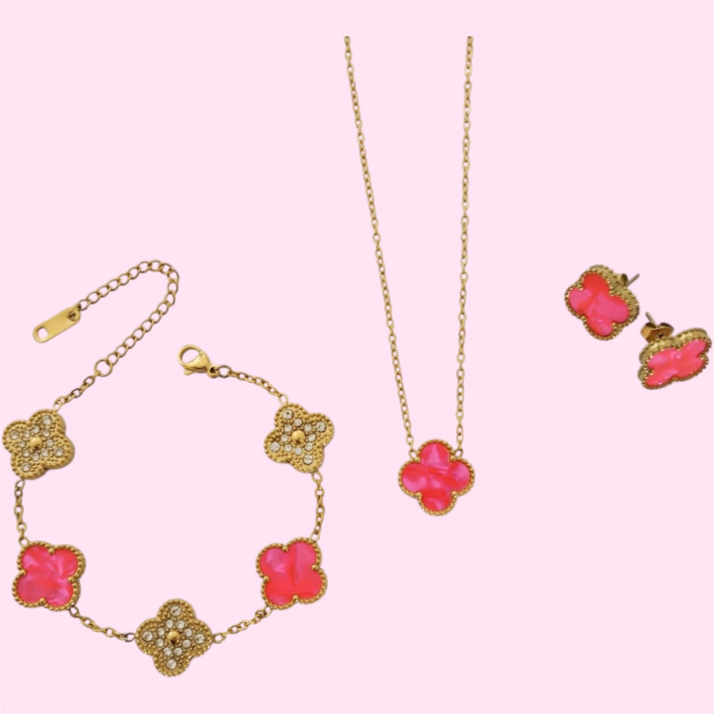 Bright Pink & Gold Clover Stainless Steel Jewelry Set: Necklace, Earrings, Bracelet