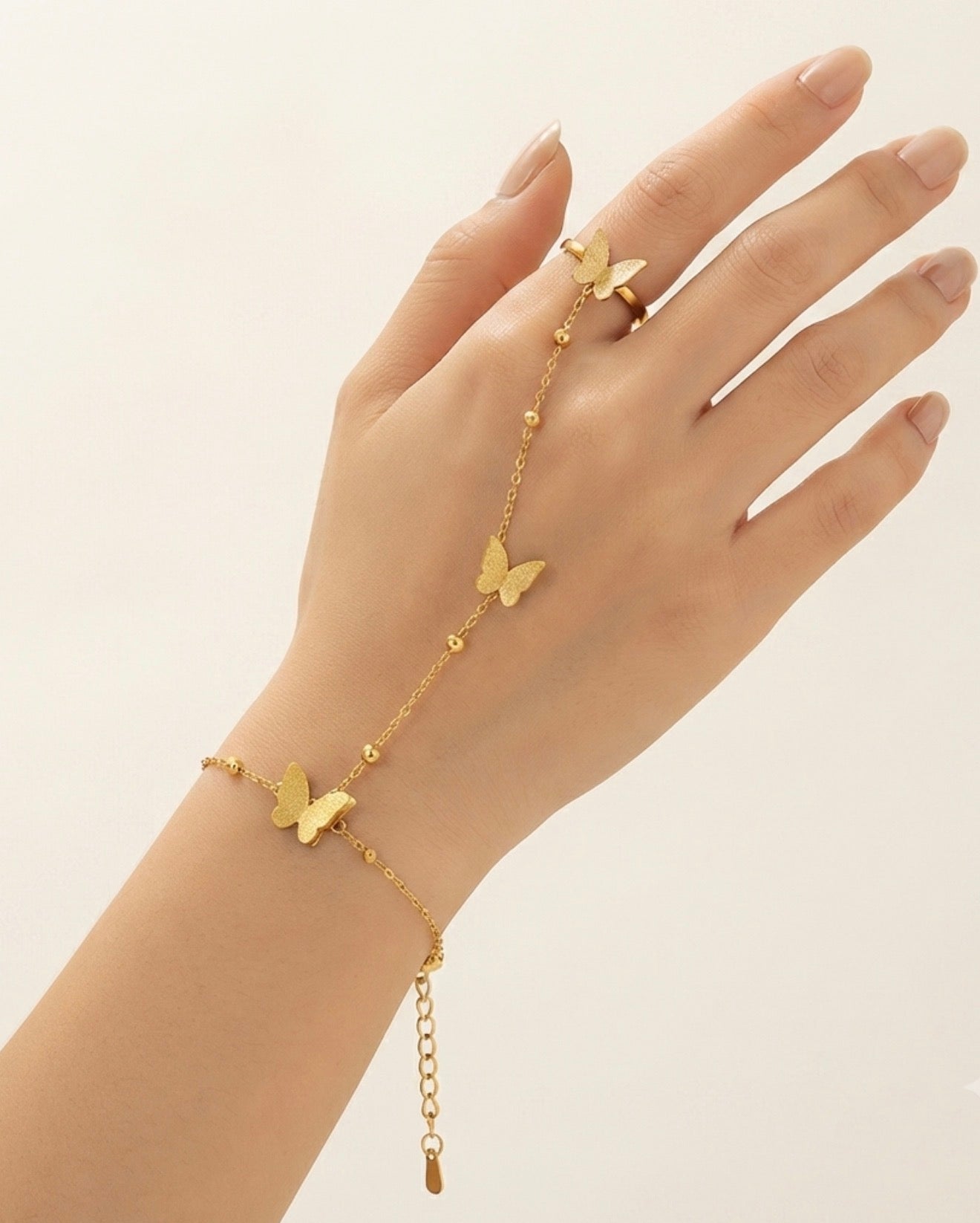 Gold Butterfly Stainless Steel Hand Chain Bracelet with Adjustable Ring