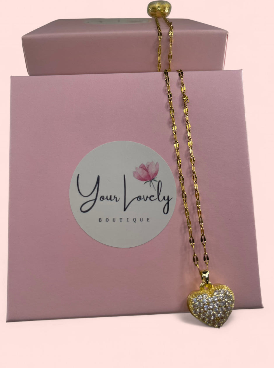 Heart Rhinestone Pearl Gold Stainless Steel Necklace