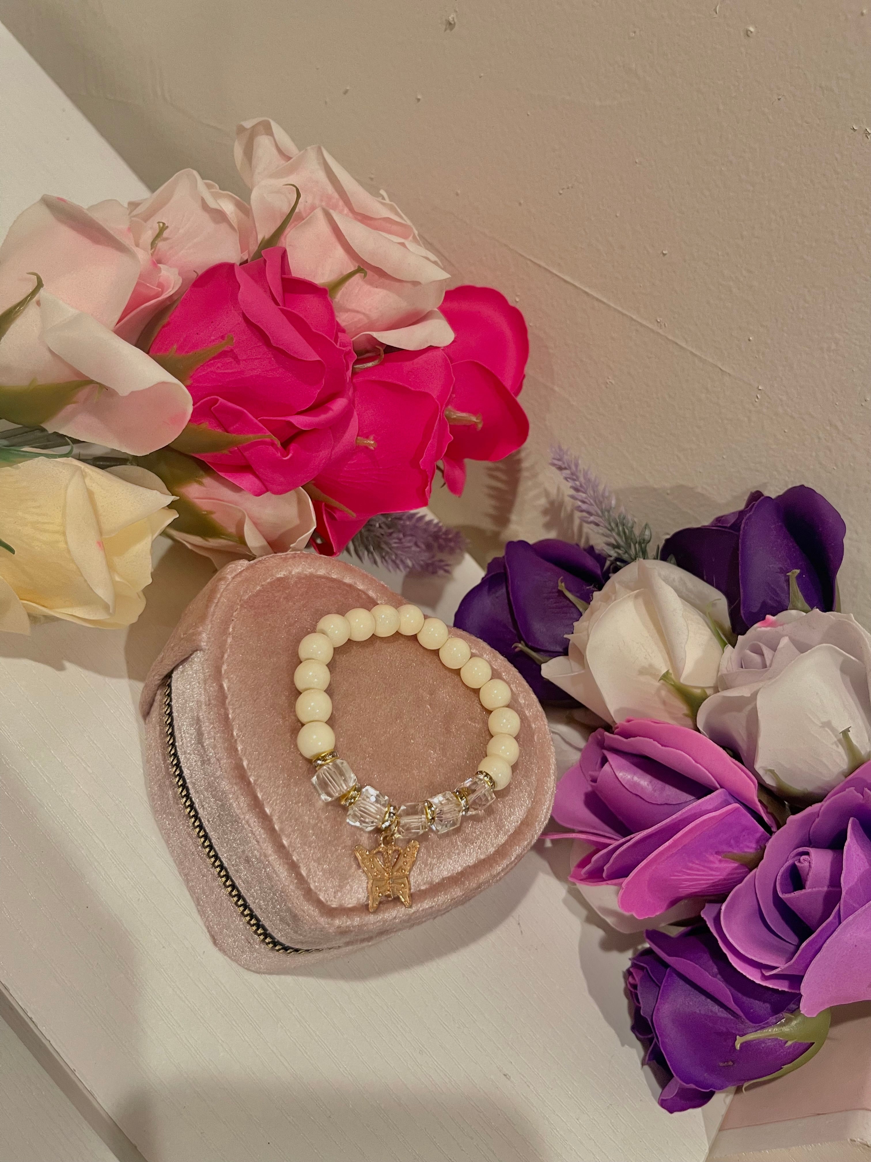 Beige and Crystal Clear Butterfly Bead Bracelet