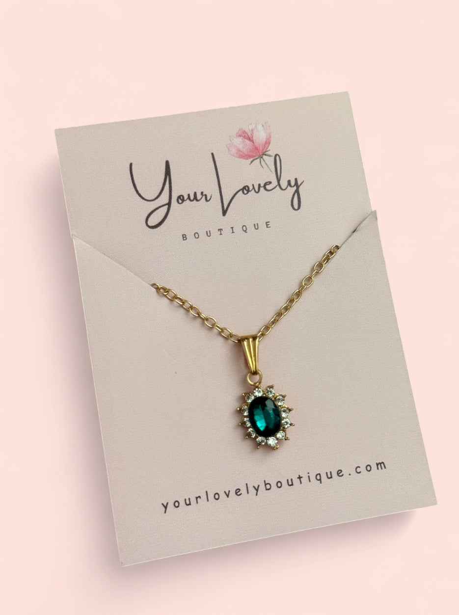 Aquamarine Pendant Necklace Gold Plated Stainless Steel