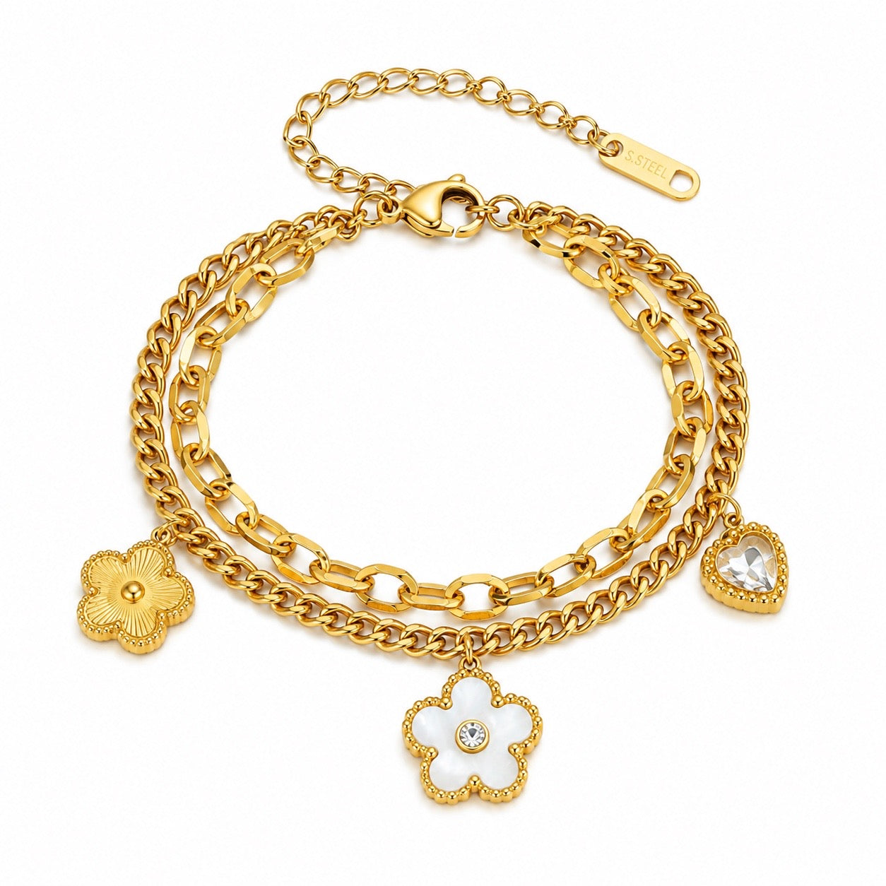 Gold & White Flower Heart Gem Charm Bracelet Stainless Steel