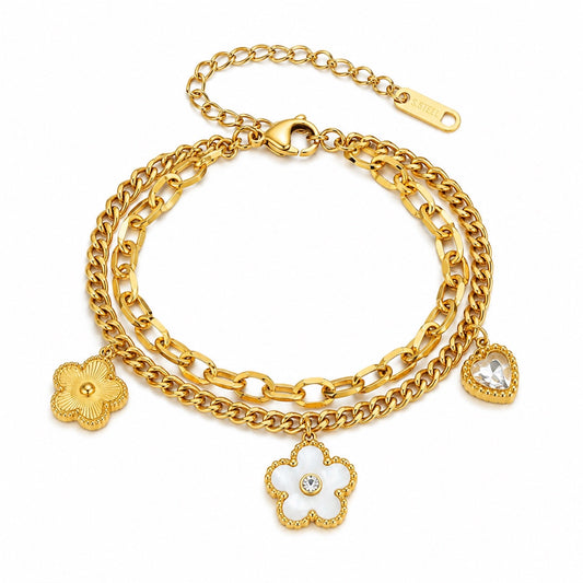 Gold & White Flower Heart Gem Charm Bracelet Stainless Steel