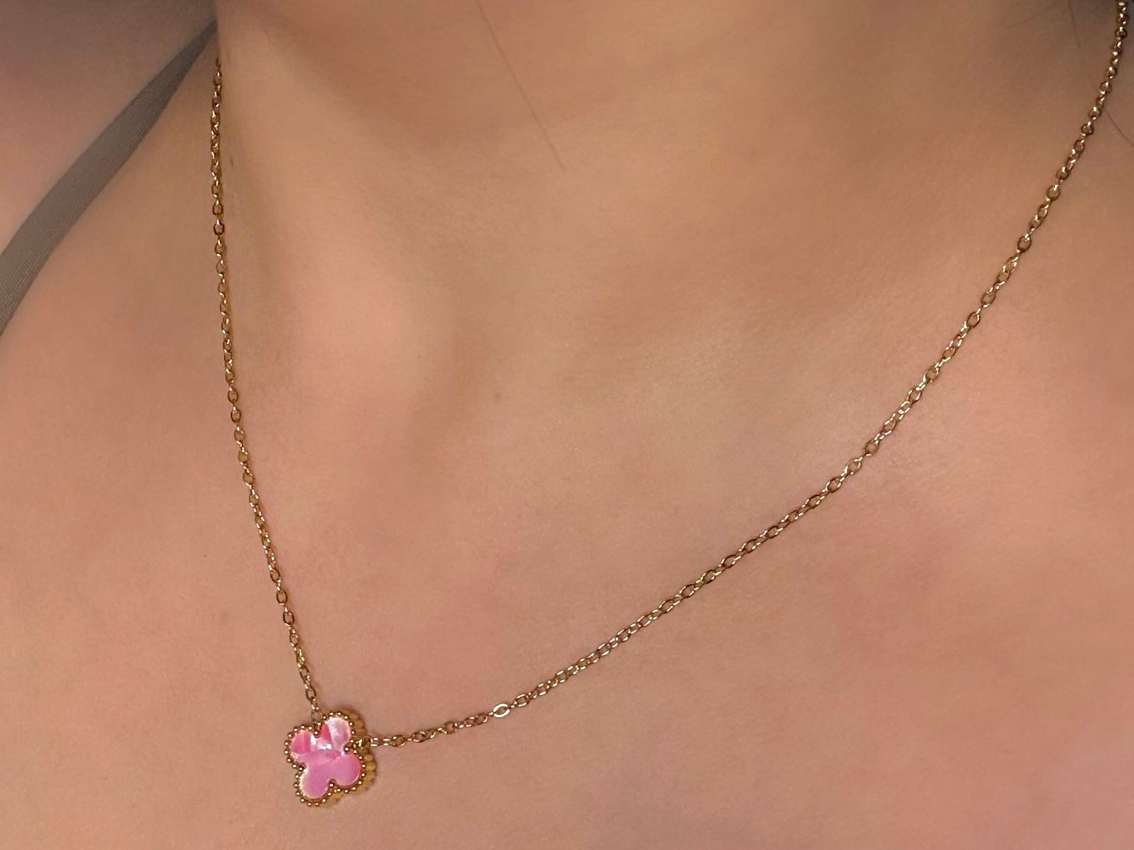 Pink Clover Stainless Steel Jewelry Set: Necklace, Earrings, Bracelet