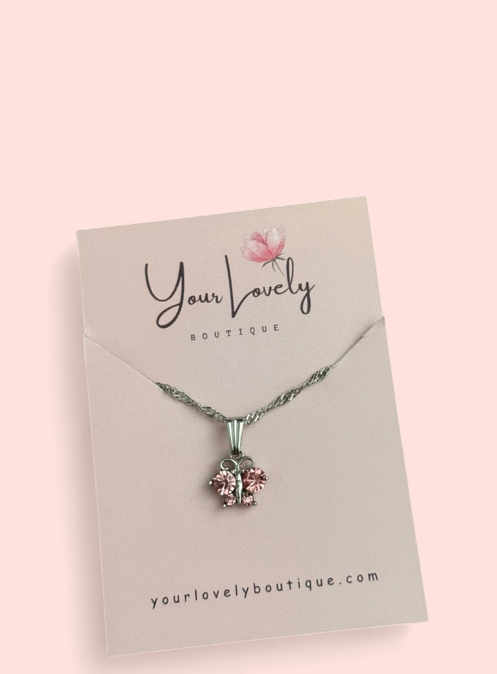 Silver Pink Butterfly Pendant Necklace