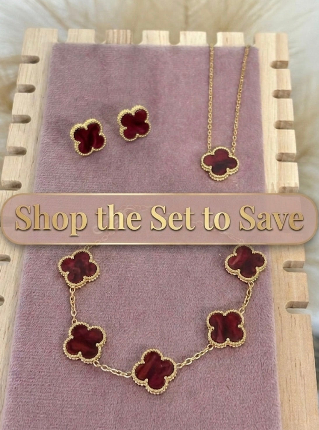 Deep Red Enamel Clover Stainless Steel Jewelry Set: Necklace, Earrings, Bracelet