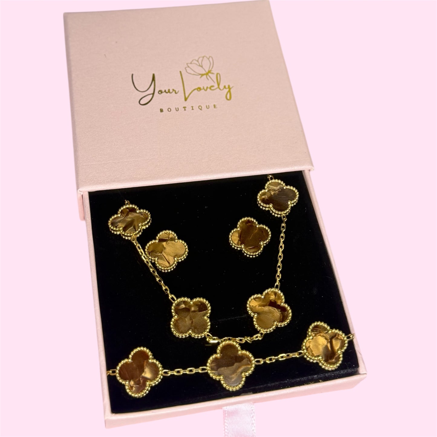All Brown Marble & Gold Clover Stainless Steel Jewelry Set: Necklace, Earrings, Bracelet